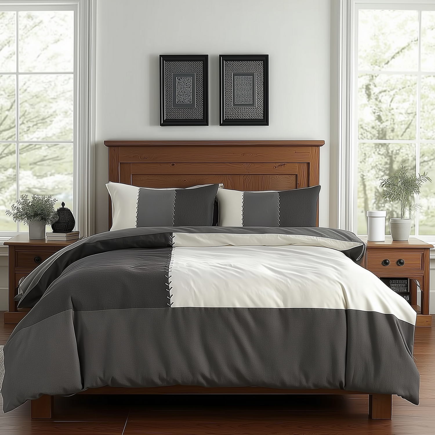Duvet Cover And Pillowcase Set Black Blue Chocolate Patchwork Design Polycotton Bed Linen - Black / Double
