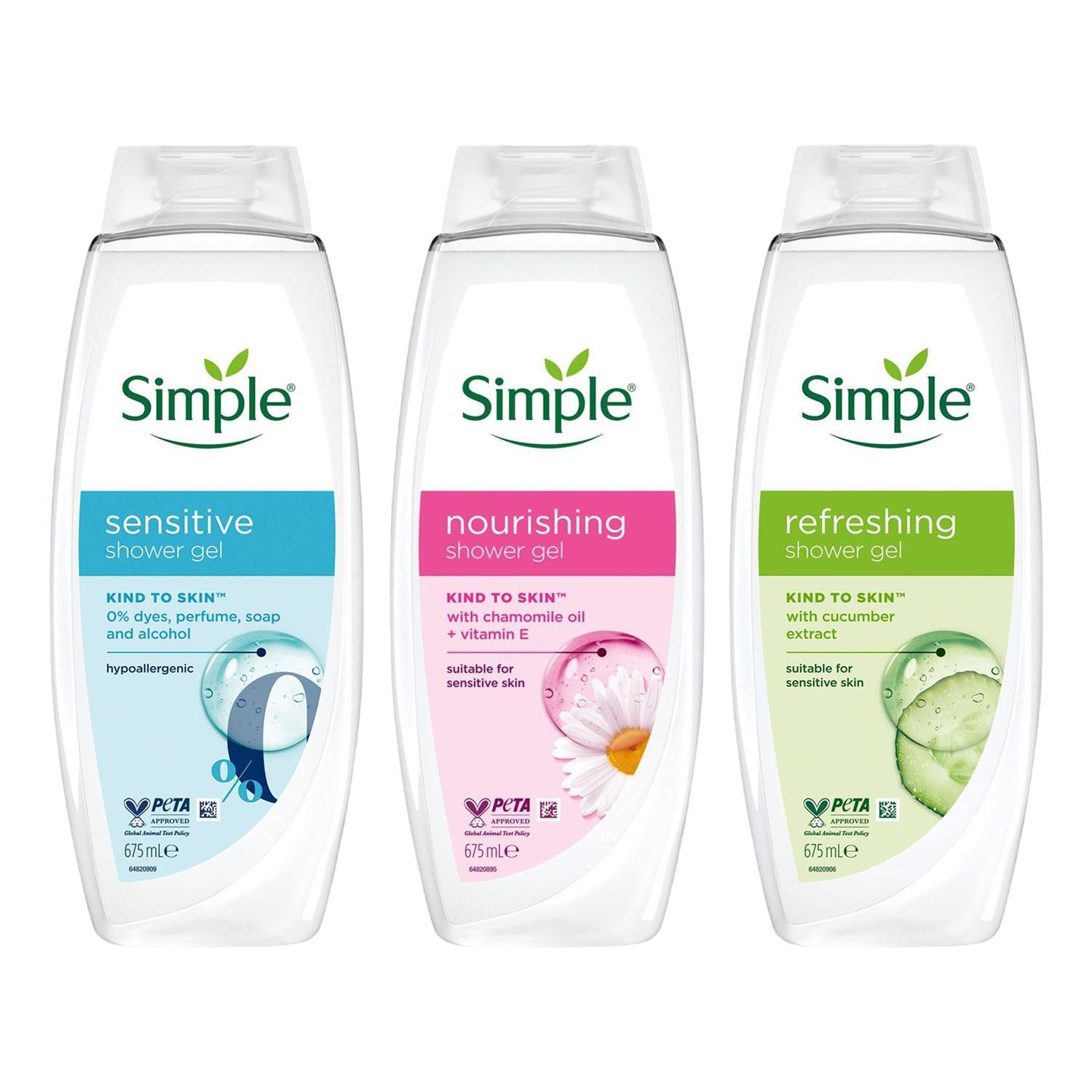 Simple Shower Gel Bundle Refreshing, Nourishing, Sensitive 675Ml, 2 Pack Each - Image 5