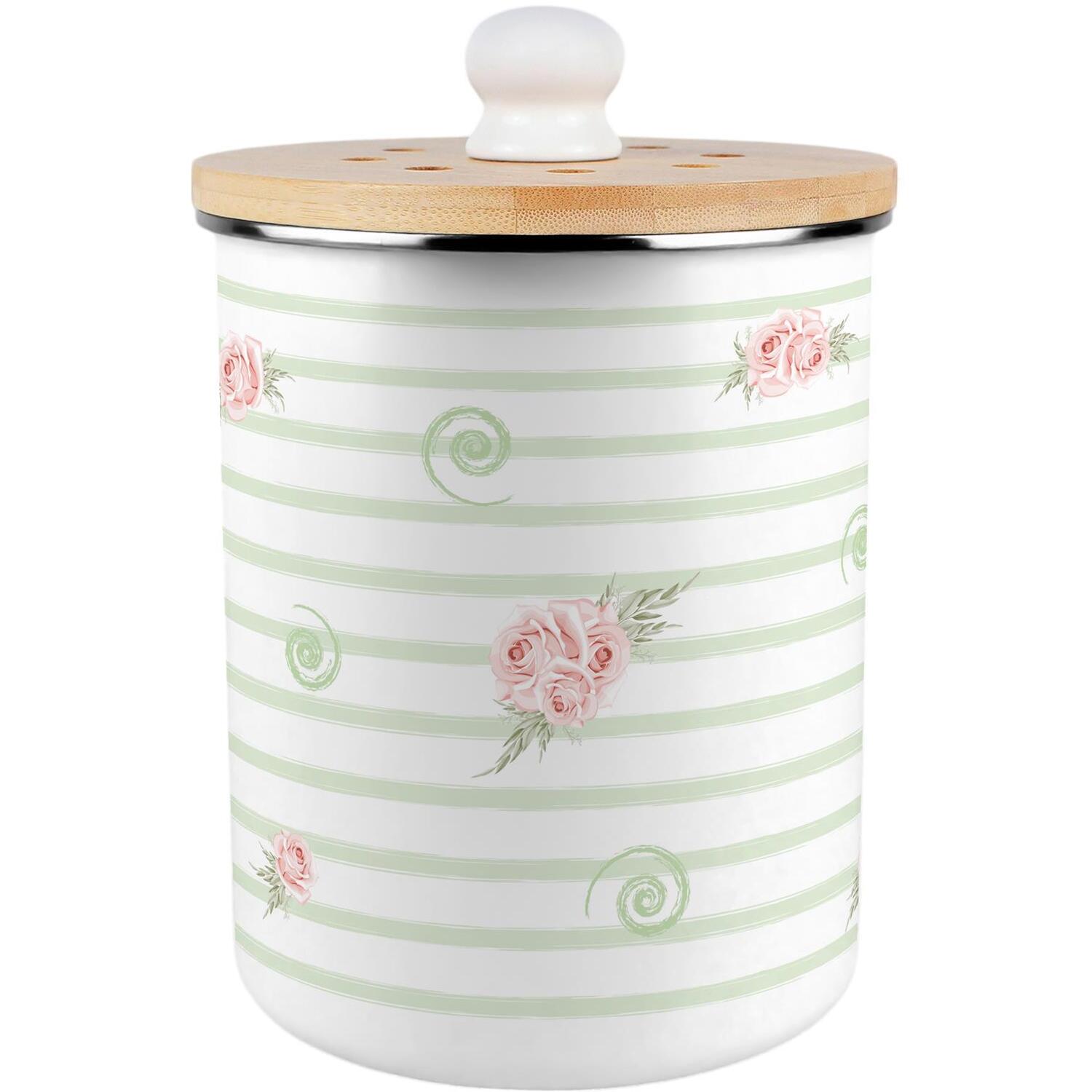 Purely Home Roses & Stripes Food Waste Caddy - Metal 2L Decorative Kitchen Compost Bin - Green