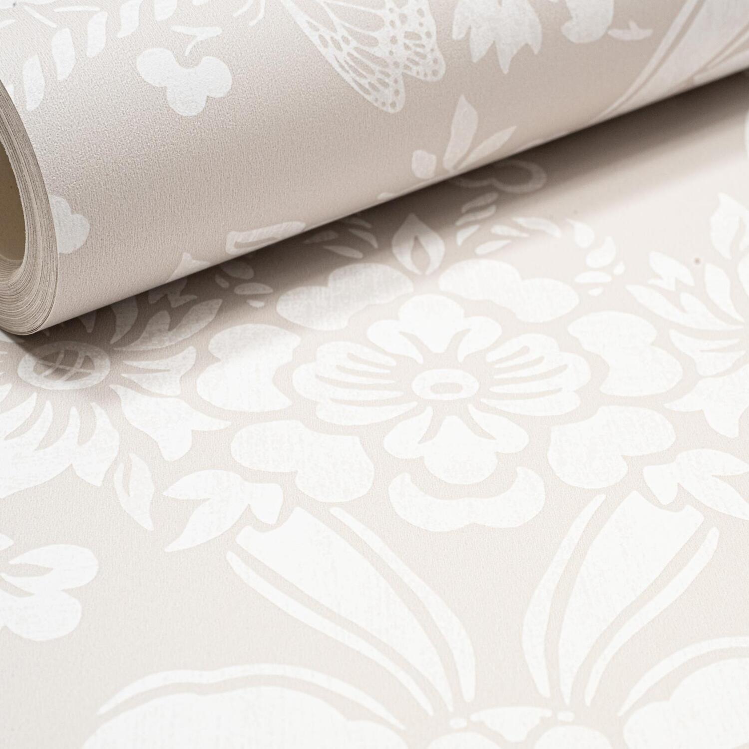 Taupe Floral Wallpaper Damask Butterfly Bows Feature Wall Bedroom Lounge Office - Image 2