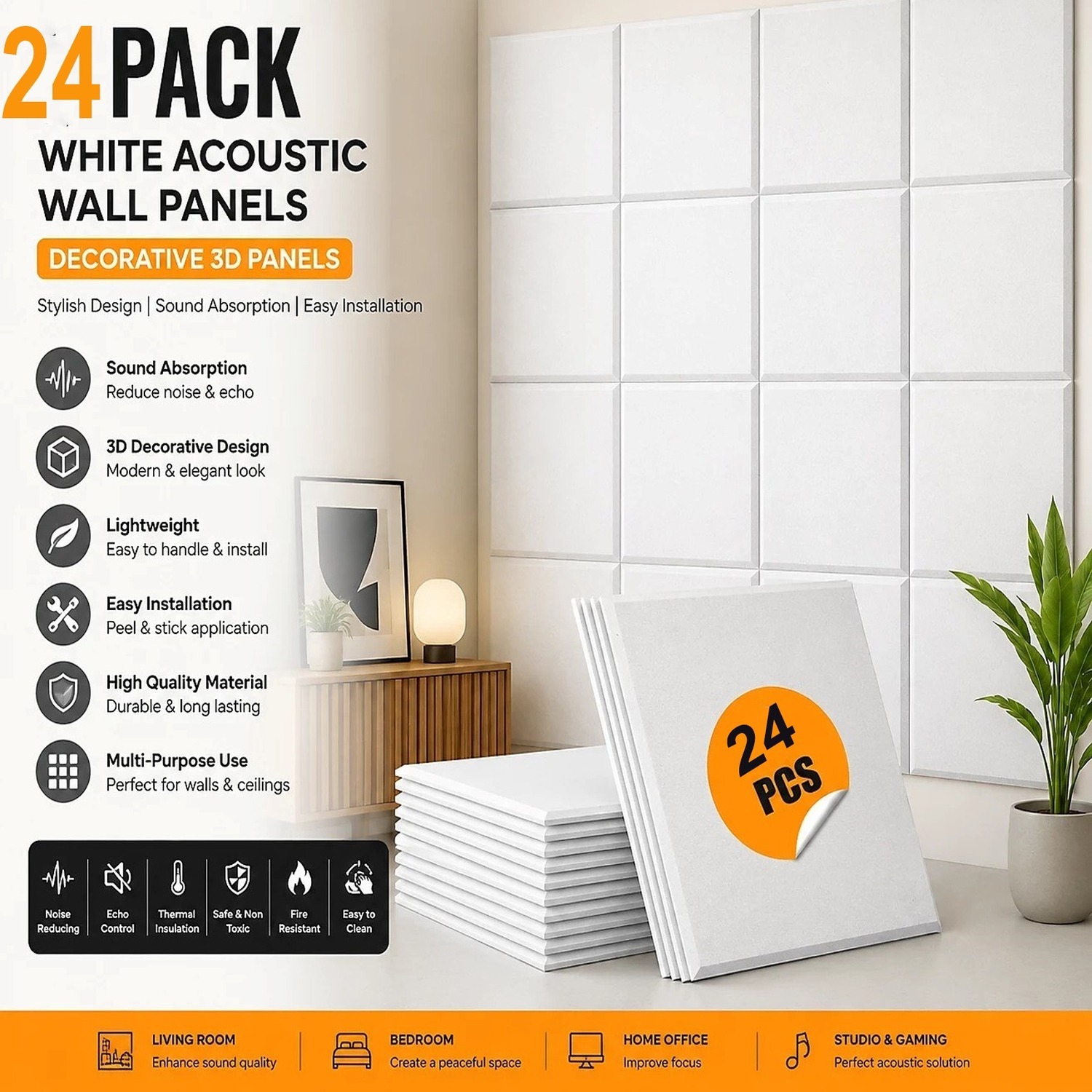 Atek 24 Pack Acoustic Wall Panels - White