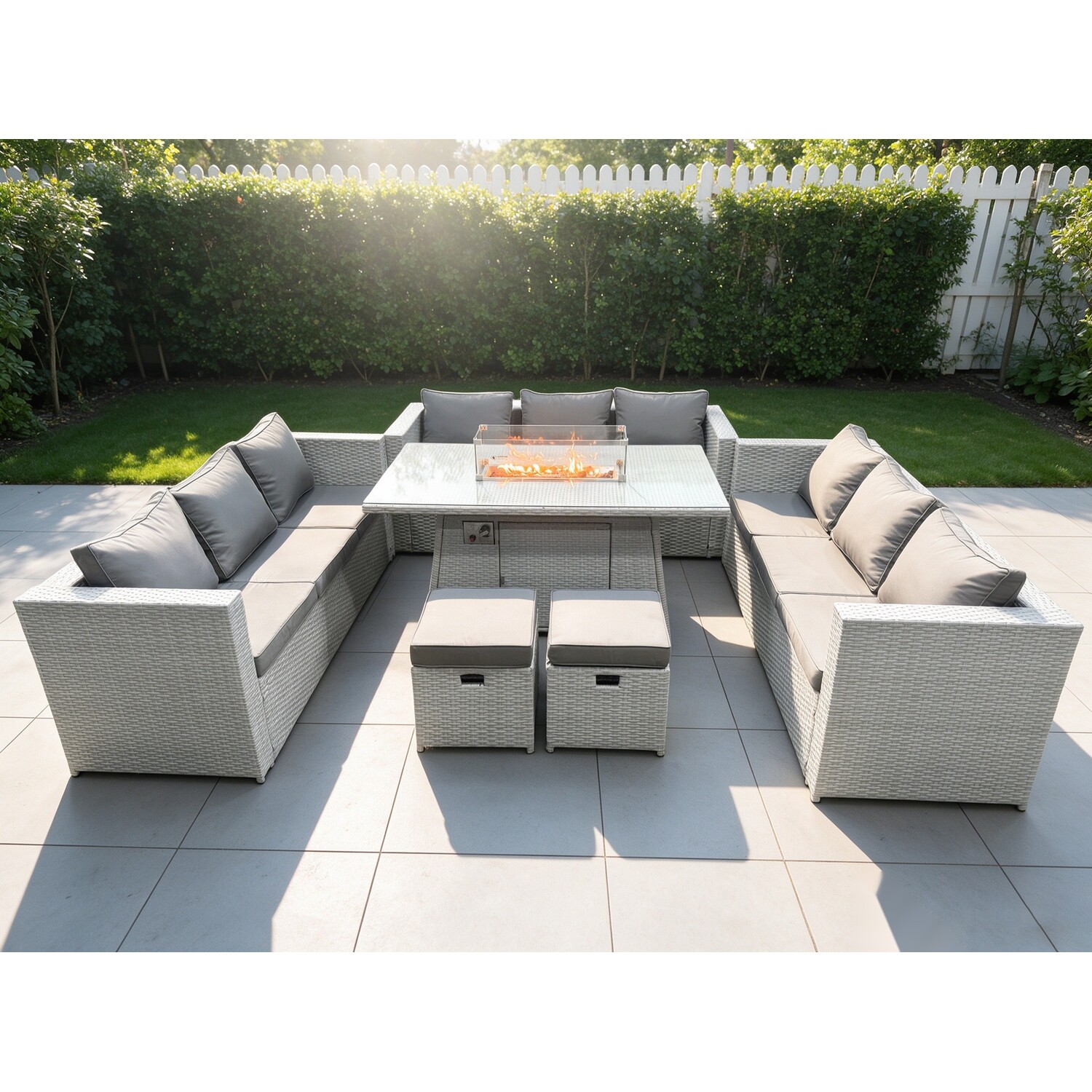 Rackhams Light/Grey U Shape Lounge Sofa Dining Set With Gas Heater Fire Pit Burner 2 Pc Small Footstool - Image 2