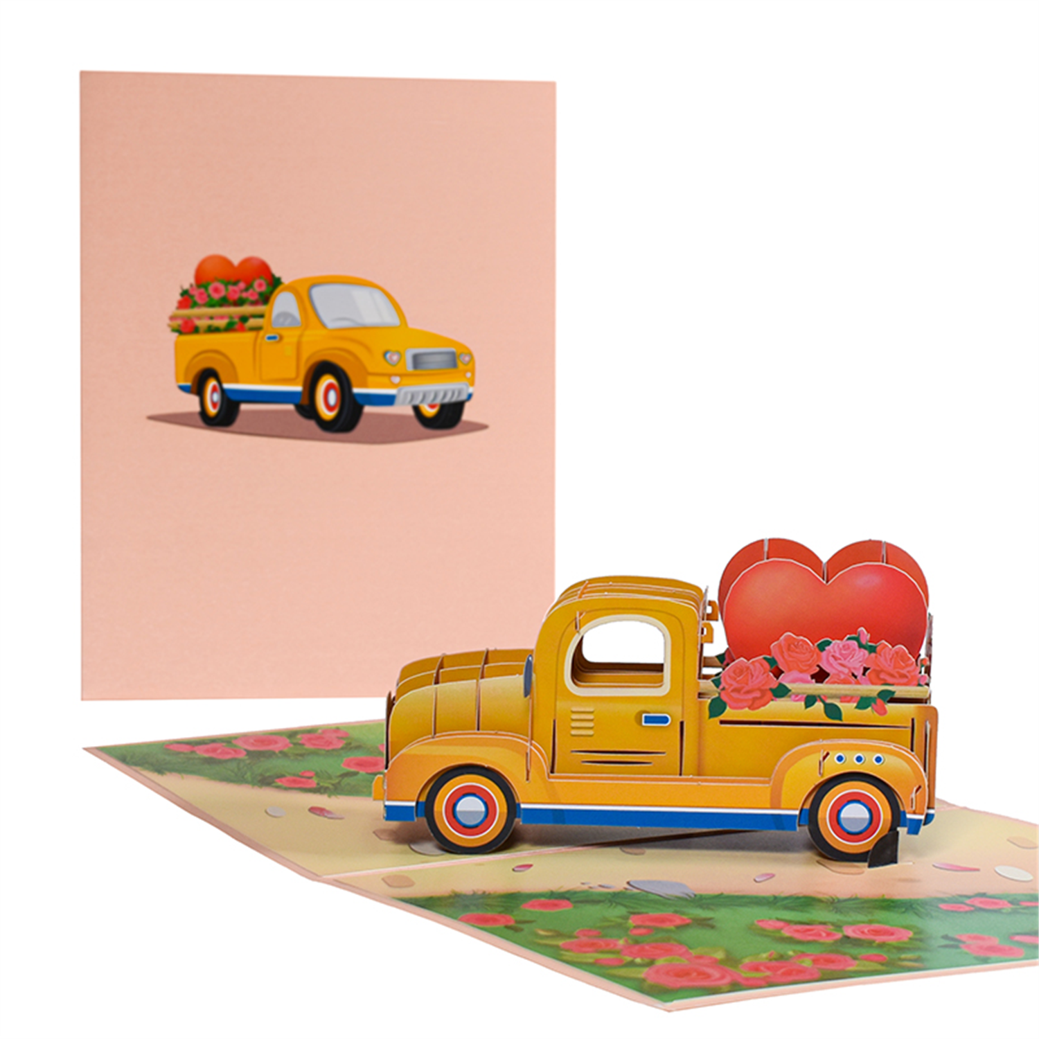 Yellow Vintage Truck with Heart Roses 3D Pop Up Card - Anniversary Valentine's - Image 2