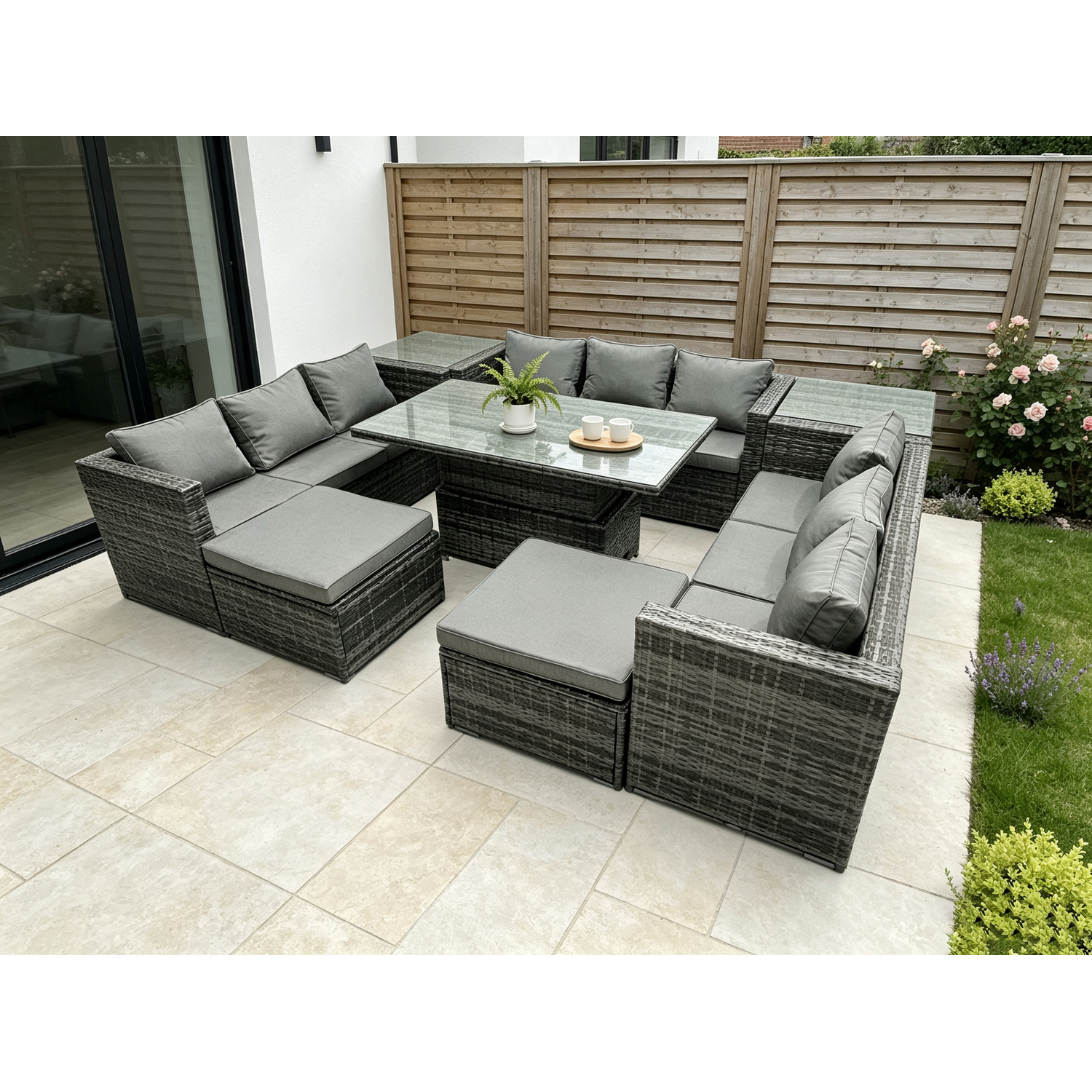 Fimous Wicker Pe Rattan Garden Furniture Sofa Set Outdoor Adjustable Rising Lifting Dining Table Set With 2 Side Tables - Image 3