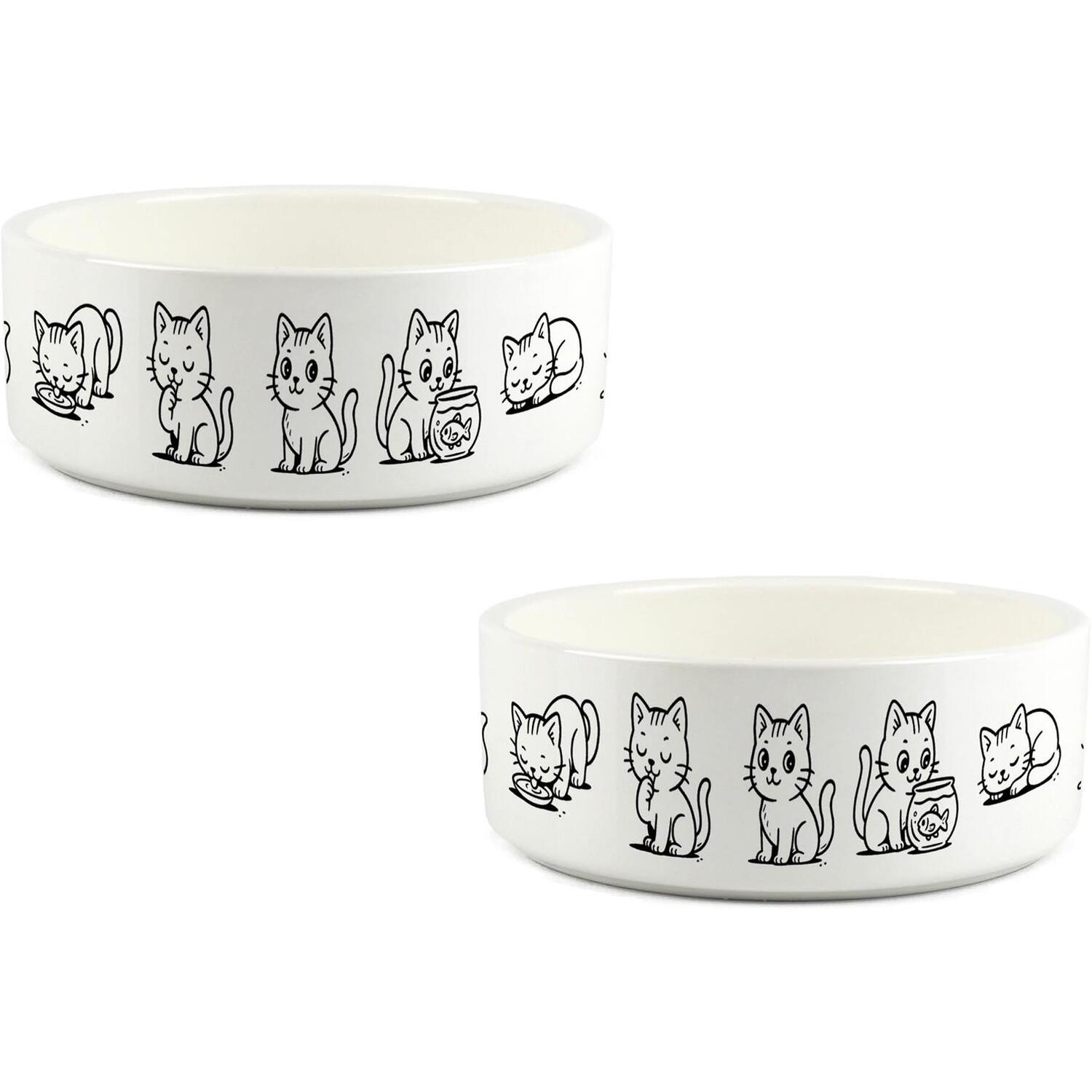 B&Q -  Cartoon Doodle Cats Small Ceramic Bowl SetWhite Food/water Dishes For Cats - Image 3