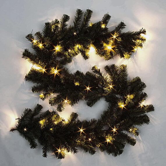 2m Prelit Alaskan Pine Black Christmas Garland Warm White LED