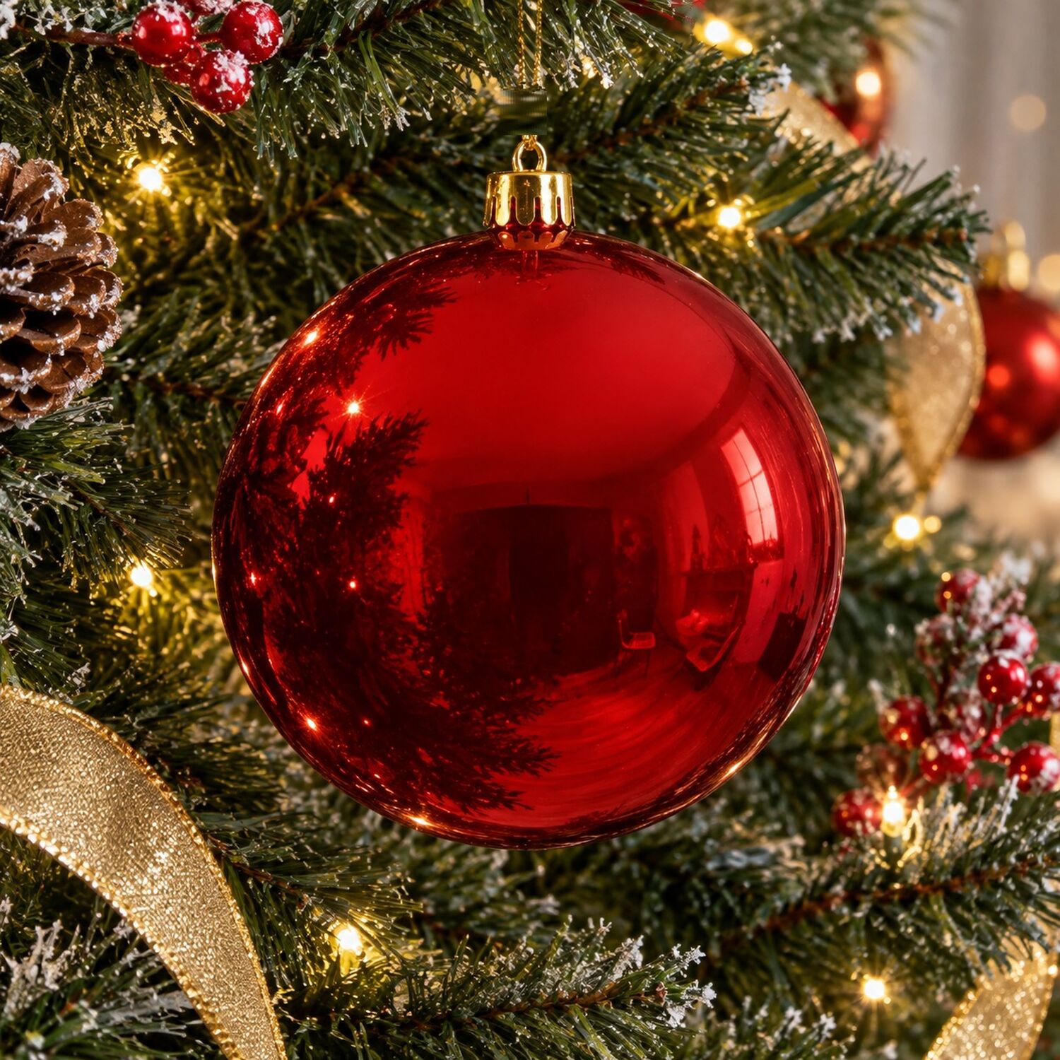 B&Q -  Large Red Christmas Tree Bauble 14Cm Round Xmas Tree Ornament Decoration - Image 3