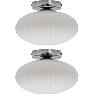 Set Of 2 Baton White Ribbed Oval Glass Chrome Ceiling Lights