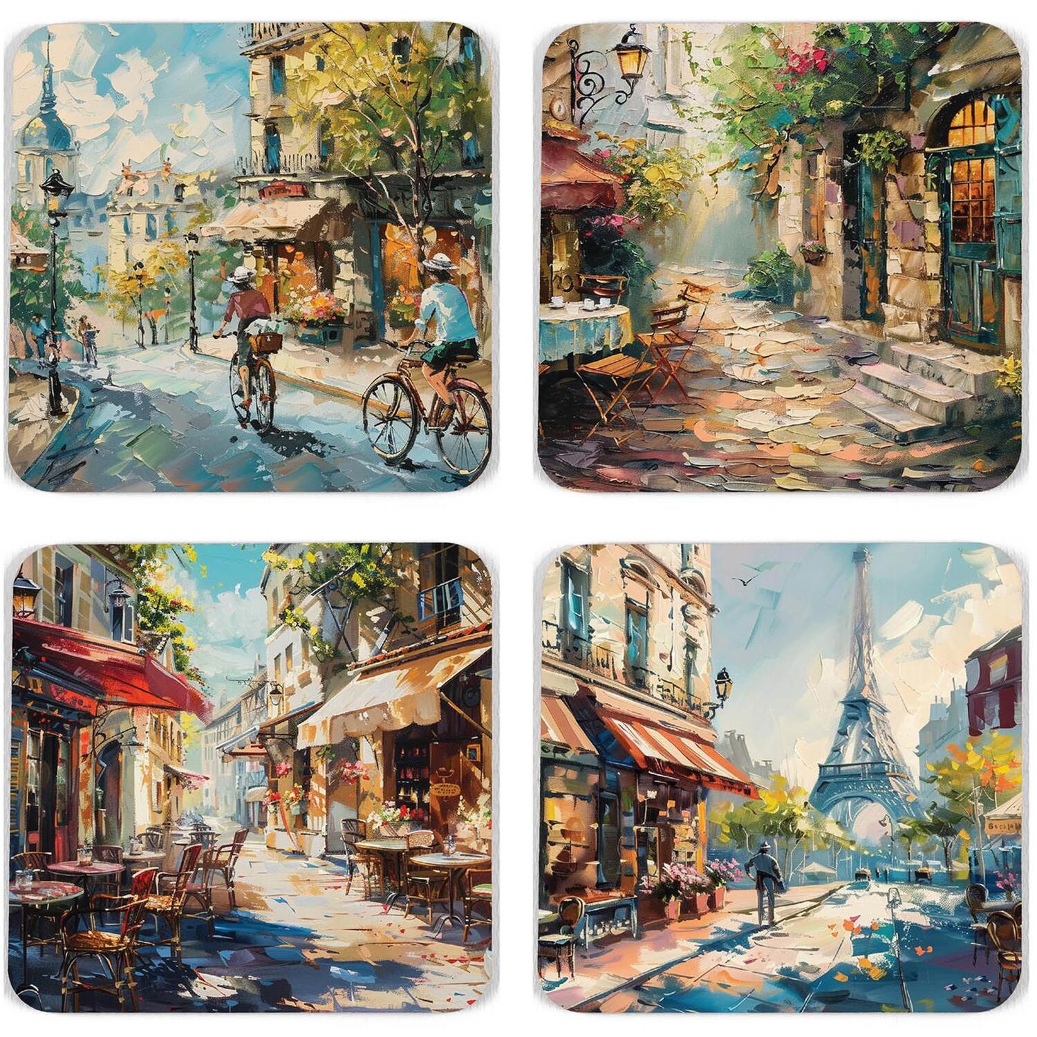 Purely Home French Classics Coasters - Parisian Street Themed Set Of 4 Square Cork Coasters - Multi - Image 3