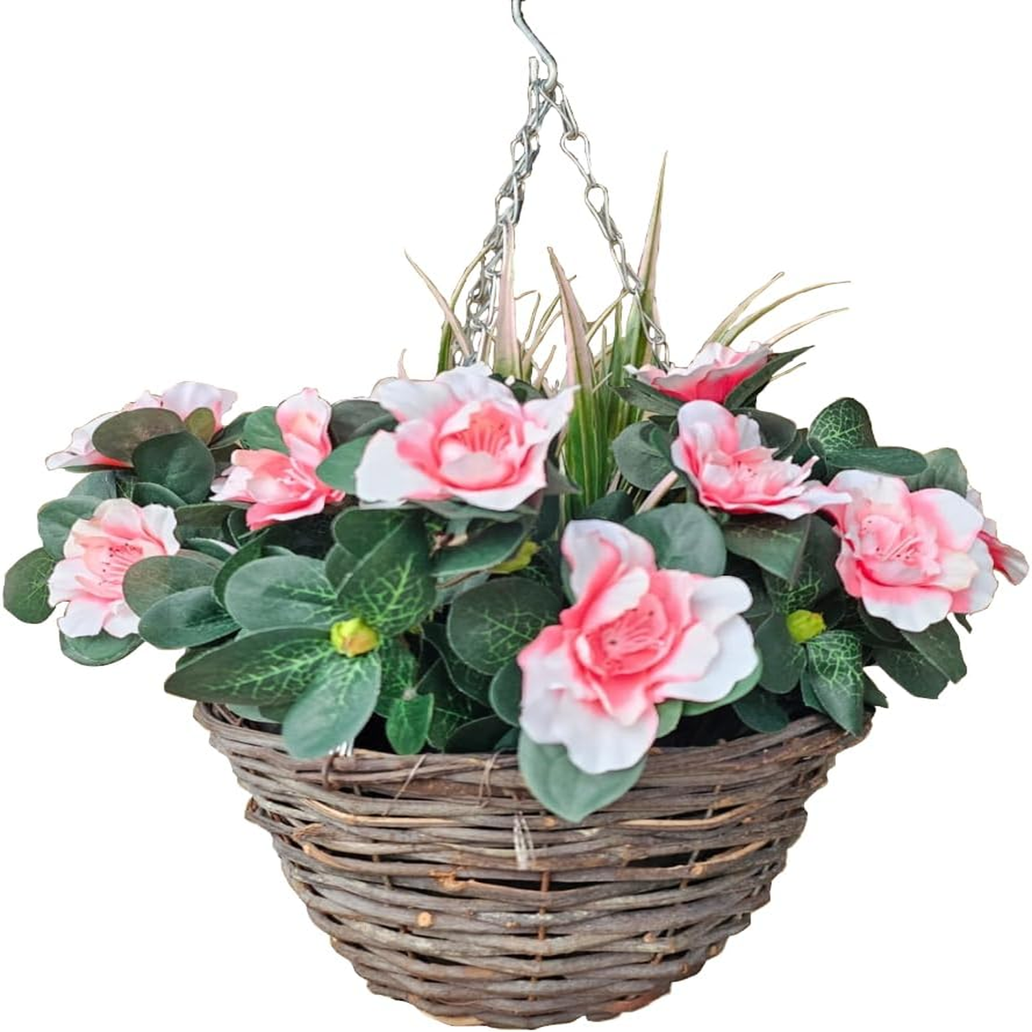 Best Artificial Pink Azalea Flower with Rattan Wicker Hanging Basket for Indoor or Outdoor Use