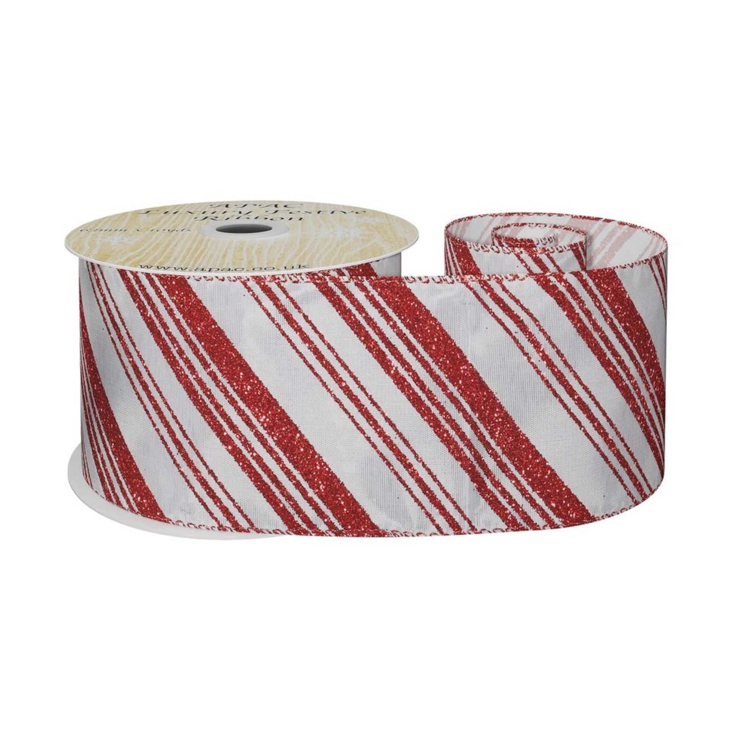 Kdmd White Satin Ribbon With Red Glitter Diagonal Stripes - Red
