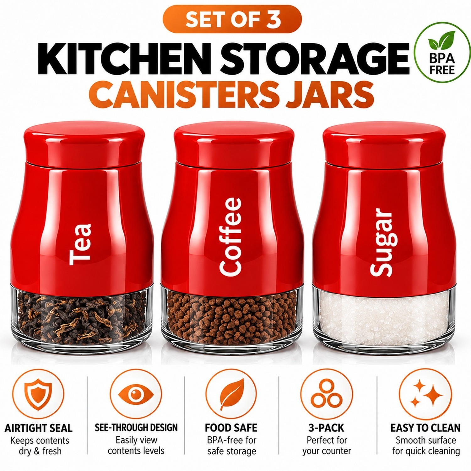 Atek Glass Kitchen Canister Set - Red