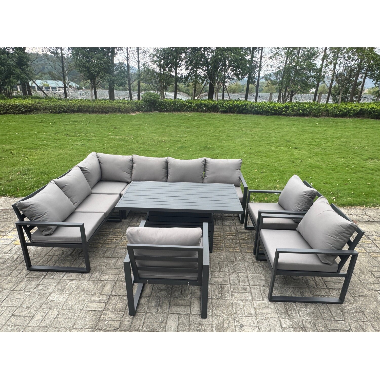 Fimous 8 Pieces Aluminium Garden Furniture Sets With Adjustable Rising Lifting Dining Table,Chair 9 Seater Corner Sofa Set Dark Grey - Image 3