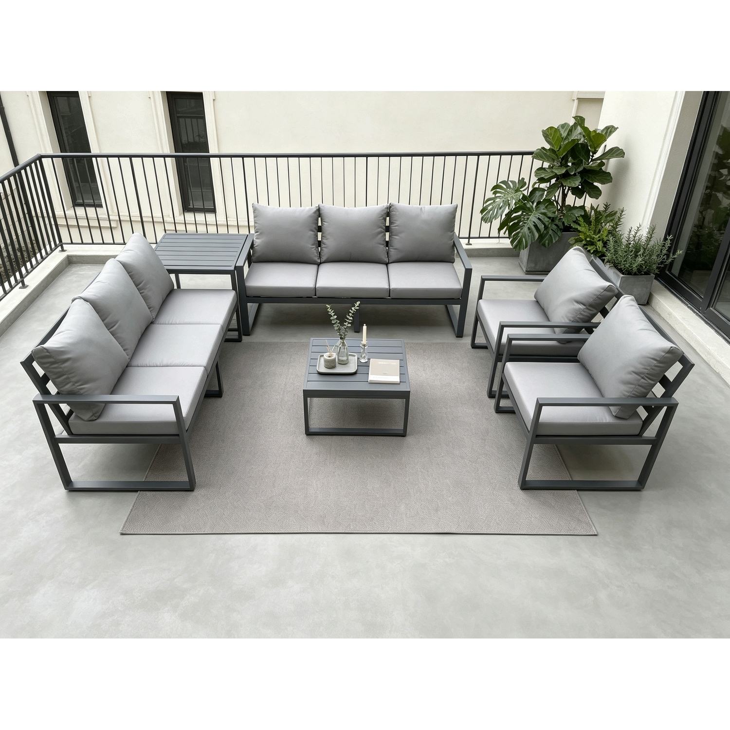 Fimous Unisex Dark Grey Aluminium Outdoor Lounge Sofa Set Garden Furniture Sets With Square Coffee Table Chairs Side Table 8 Seater Size 2 - Image 2