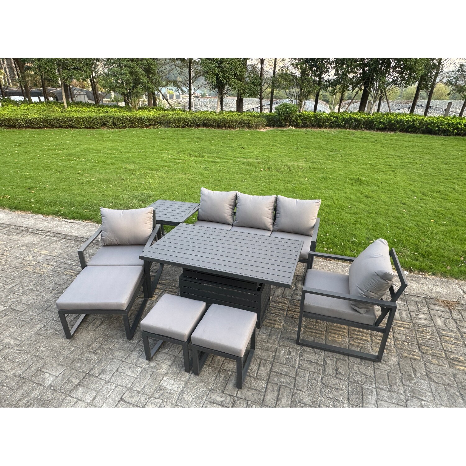 B&Q - Aluminium Garden Furniture Sets 8 Seater With Adjustable Rising Lifting Dining Table 2 Chairs 3 Footstools Side Table - Image 2