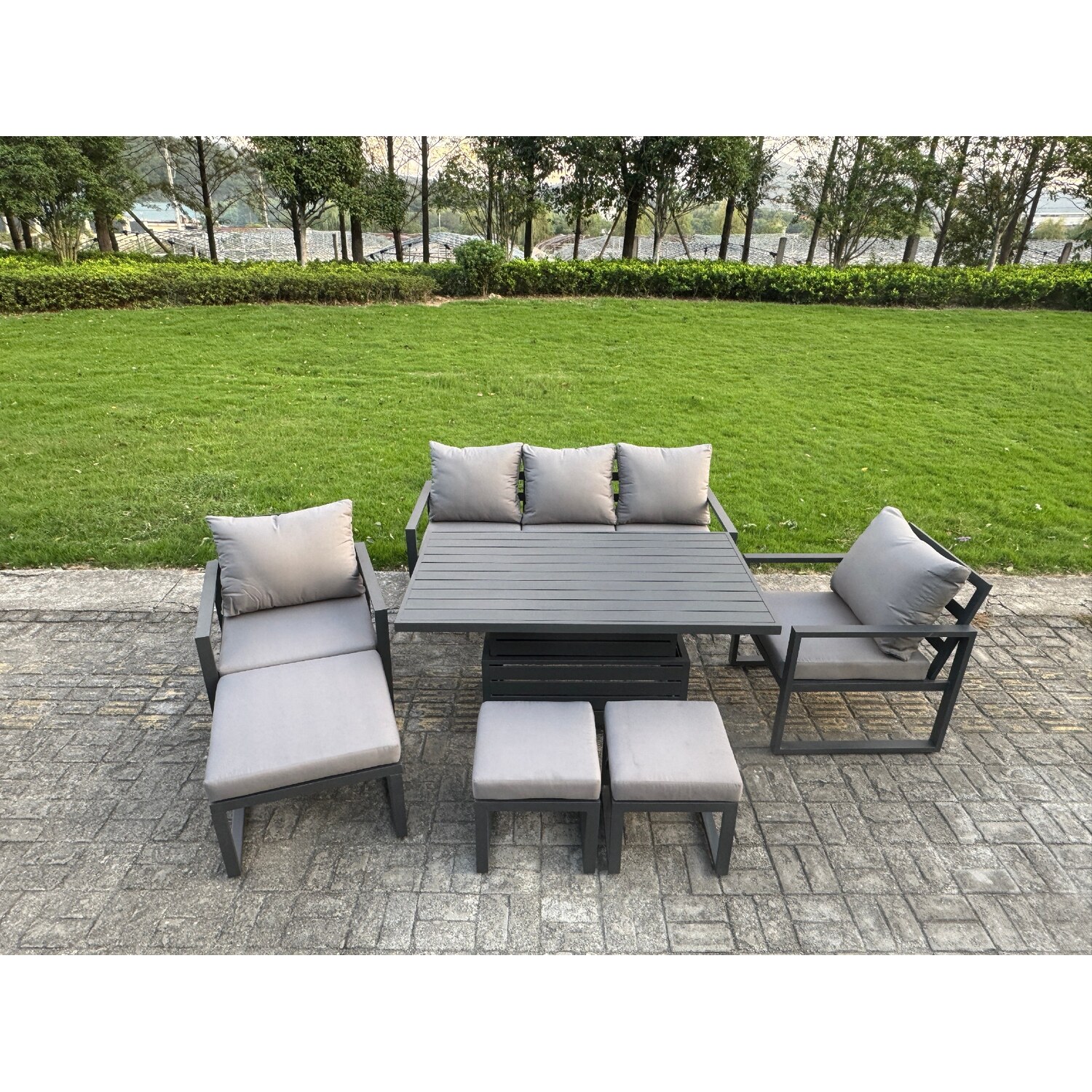 Rackhams Dark/Grey 8 Seater Aluminium Garden Furniture Set With Adjustable Dining Table, Sofa, 2 Chairs, 3 Footstools - Image 2