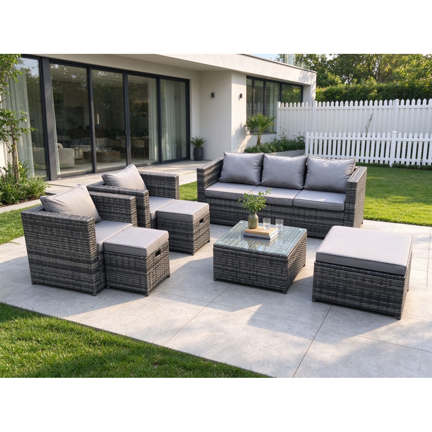 B&Q - Wicker Rattan Garden Furniture Sofa Set With Armchair Square Coffee Table 3 Footstools Dark Grey Mixed - Image 2