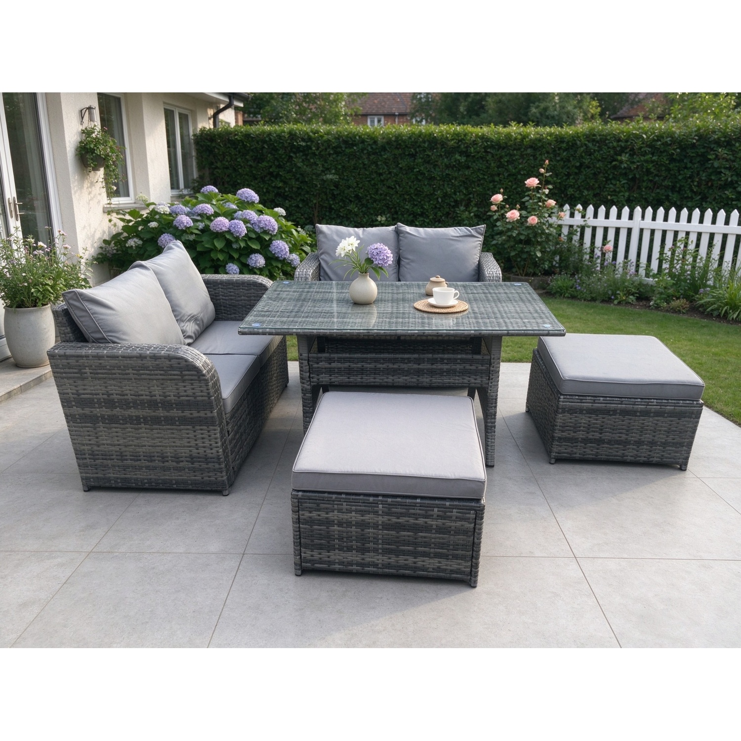 Fimous Unisex Dark Grey Garden Patio Furniture Wicker Rattan Oblong Rectangular Dining Table & Loveseat Sofa Set With Big Footstool In Size 2 - Image 2
