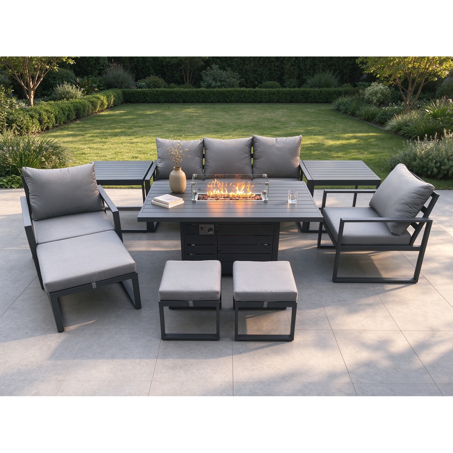 Rackhams Dark/Grey Aluminium Patio Outdoor Garden Furniture Lounge Sofa Set Gas Fire Pit Dining Table With 2 Side Tables 3 Footstools - Image 2