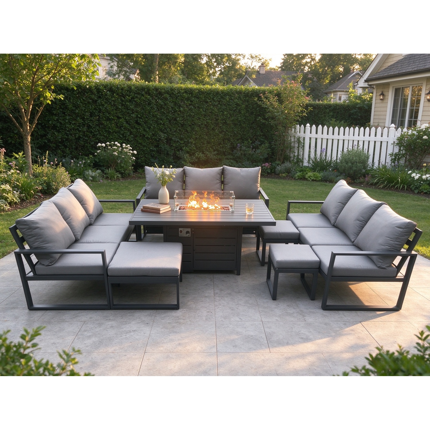 Fimous Aluminium Garden Furniture Outdoor Set Patio Lounge Sofa Gas Fire Pit Dining Table Set With 3 Footstools Dark Grey - Image 3