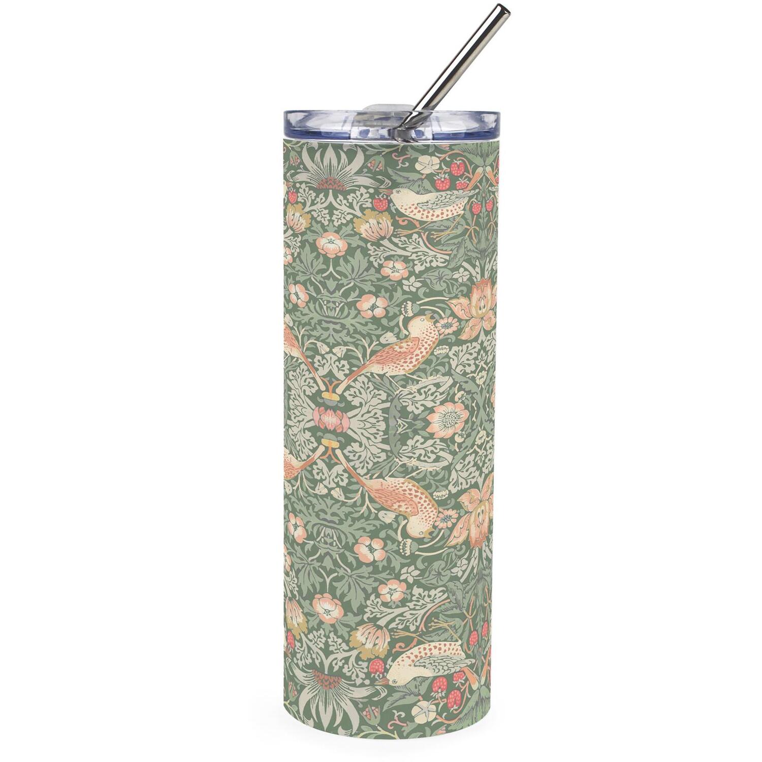 Purely Home Green Strawberry Thief Frosted Glass Travel Flask With Straw