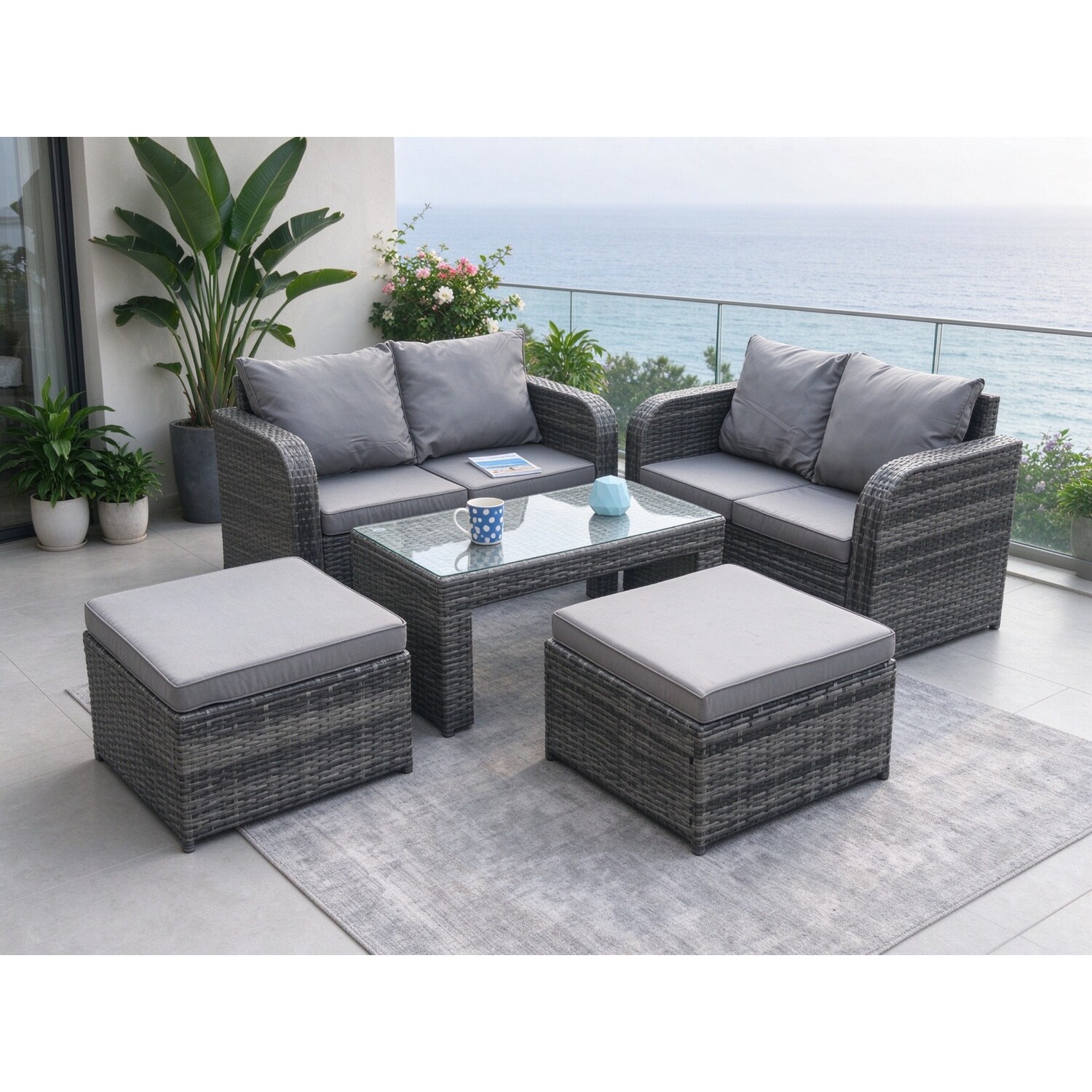 Fimous Dark/Grey High Back Rattan Garden Lounge Set - Mixed Indoor/Outdoor Patio Sofa With Loveseat, Rectangular Coffee Table & 2 Big Footstools - Image 2
