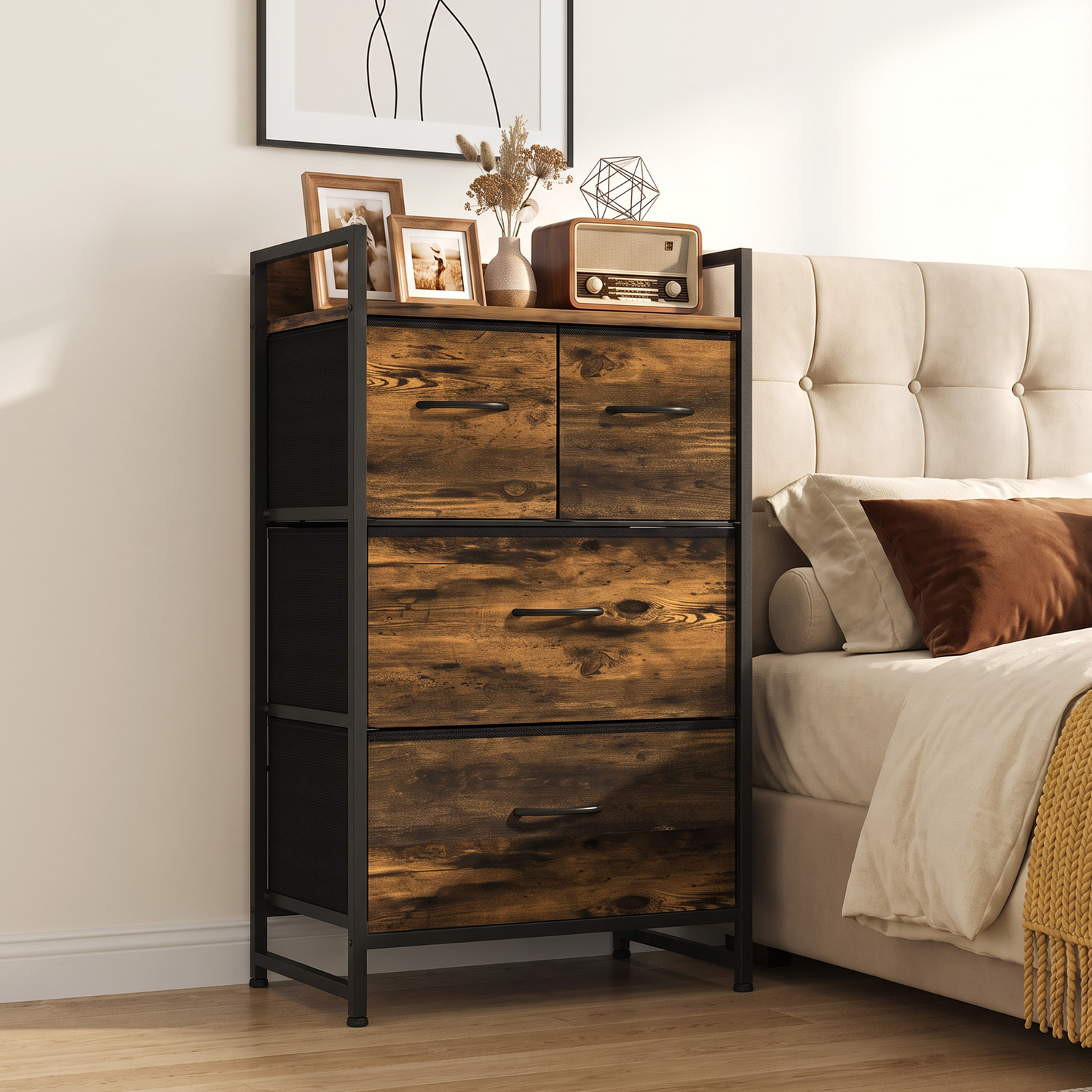 Homcom Unisex Brown Bedroom Chest Of Drawers 4 Drawer Dresser With Shelf, Rustic - Image 2