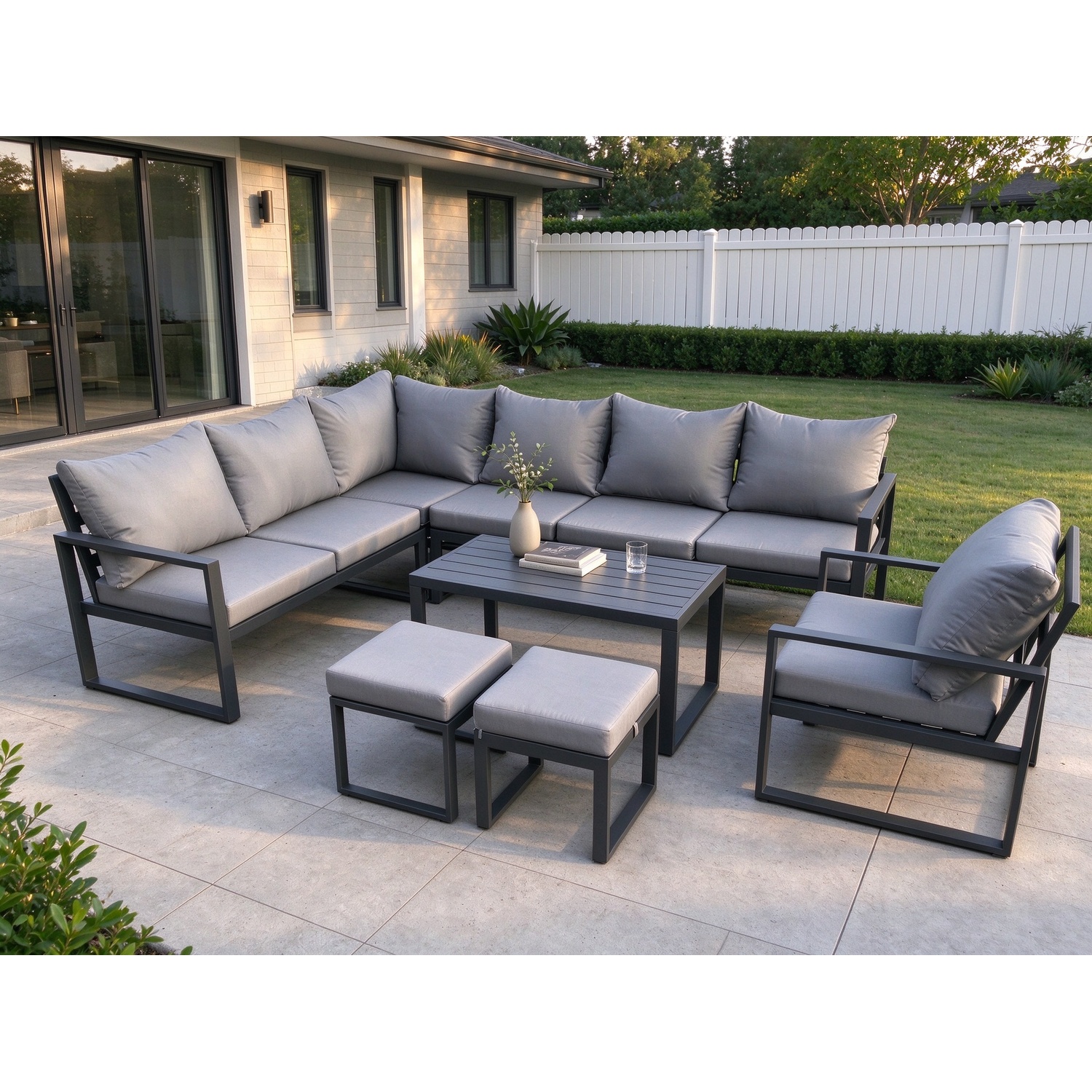 Fimous Unisex Dark Grey Aluminium Garden Furniture Set Outdoor Indoor Lounge Corner Sofa Chair Oblong Coffee Table Sets With 2 Footstools Small - Image 2