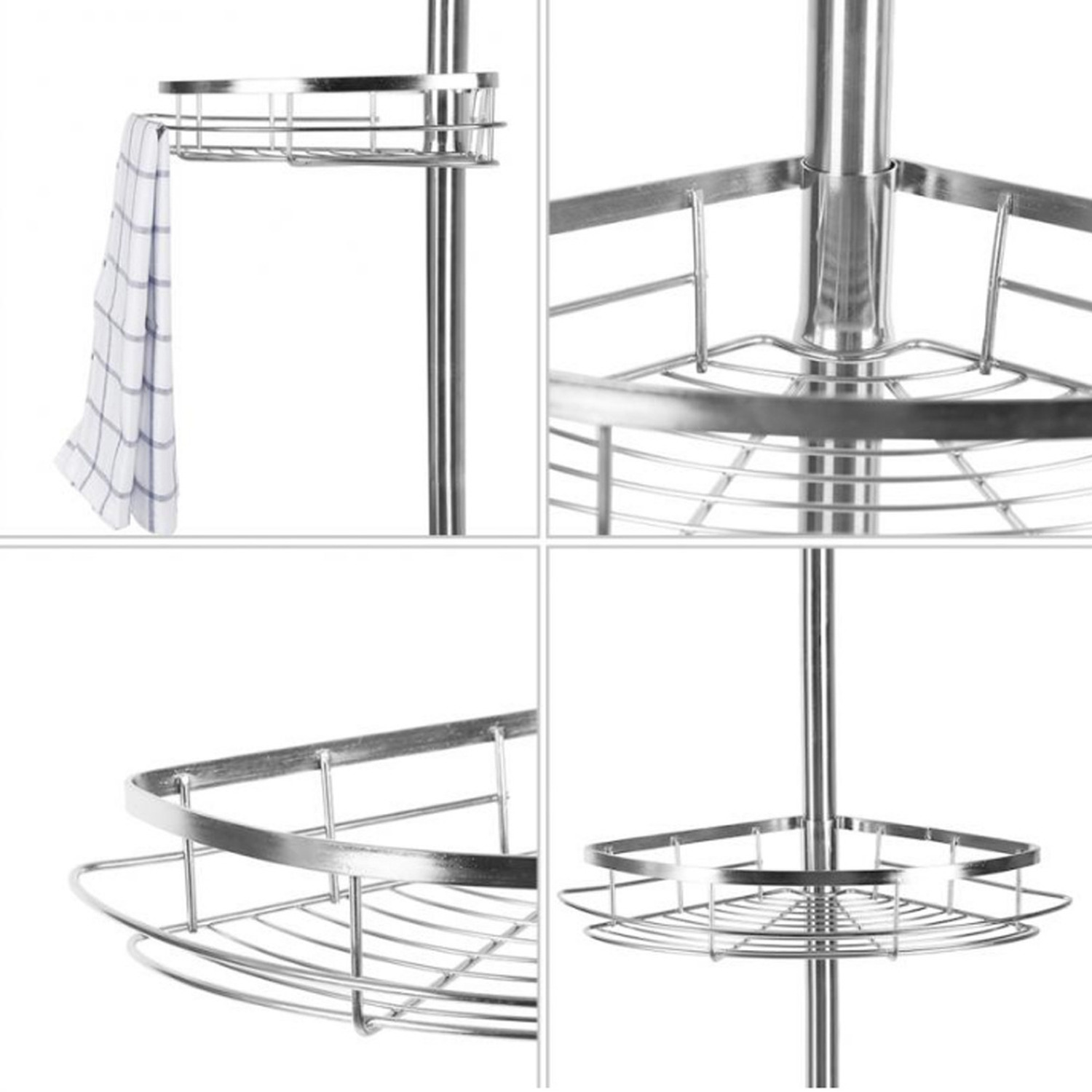 4 Tier Telescopic Shower Caddy No Drill Bathroom Storage Corner Shelf - Sliver