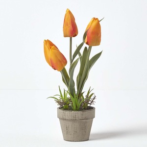 Homescapes Orange  Red Artificial Tulips in Grey Decorative Stone Pot, 27 cm