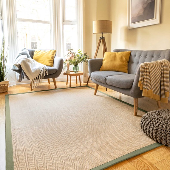 Natural Green Cotton Border Jute Area Rug