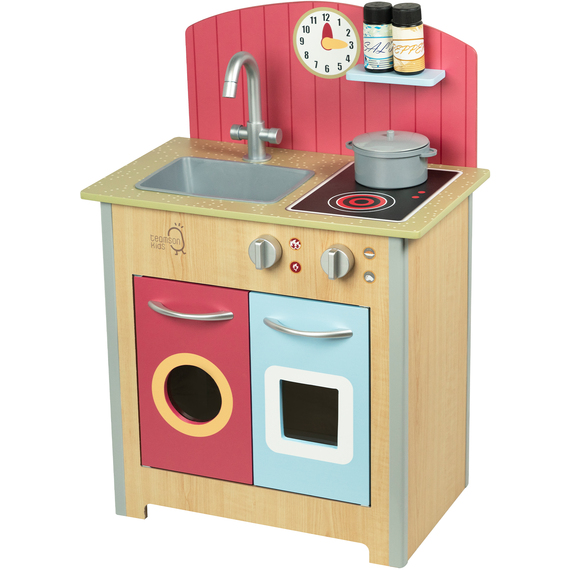 Little Chef Porto Classic Interactive Wooden Play Kitchen, Wood and Red