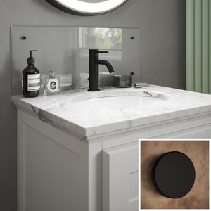 Clear Glass Bathroom Splashback with Matt Black Fixing Caps