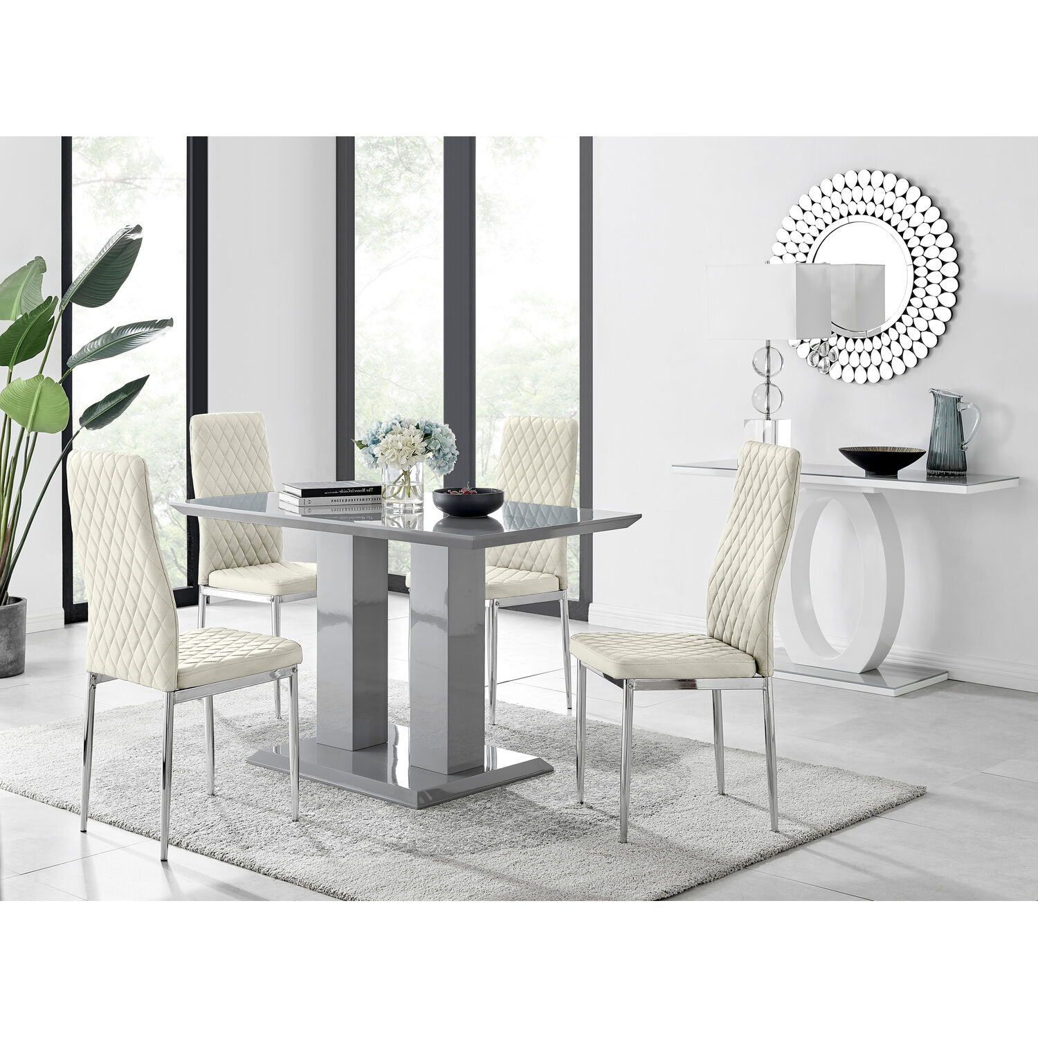 Imperia 4 Grey Dining Table and 4 Velvet Milan Chairs - Cream thumbnail