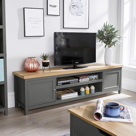 Home Source Avon 2 Door Large TV Stand Storage Unit 36mm Oak Effect Top