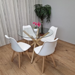 Round Glass Dining Table With 4 White Chairs Set