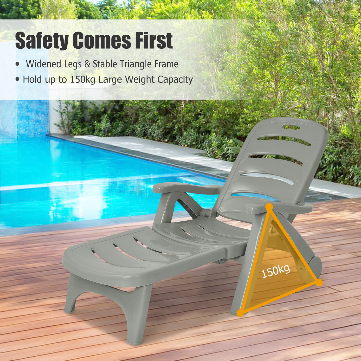 Folding Reclining Chair Chaise Lounge - Grey