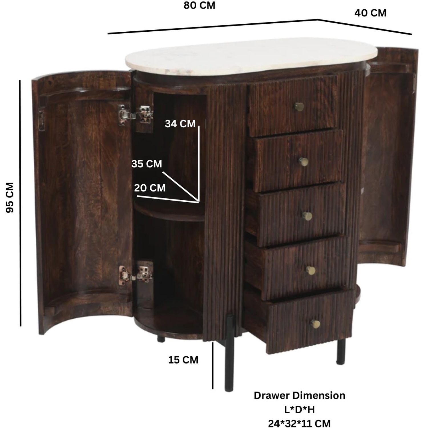 Ruby Mango Wood Wide Chest Of Drawers With Marble Top Metal Legs - Brown
