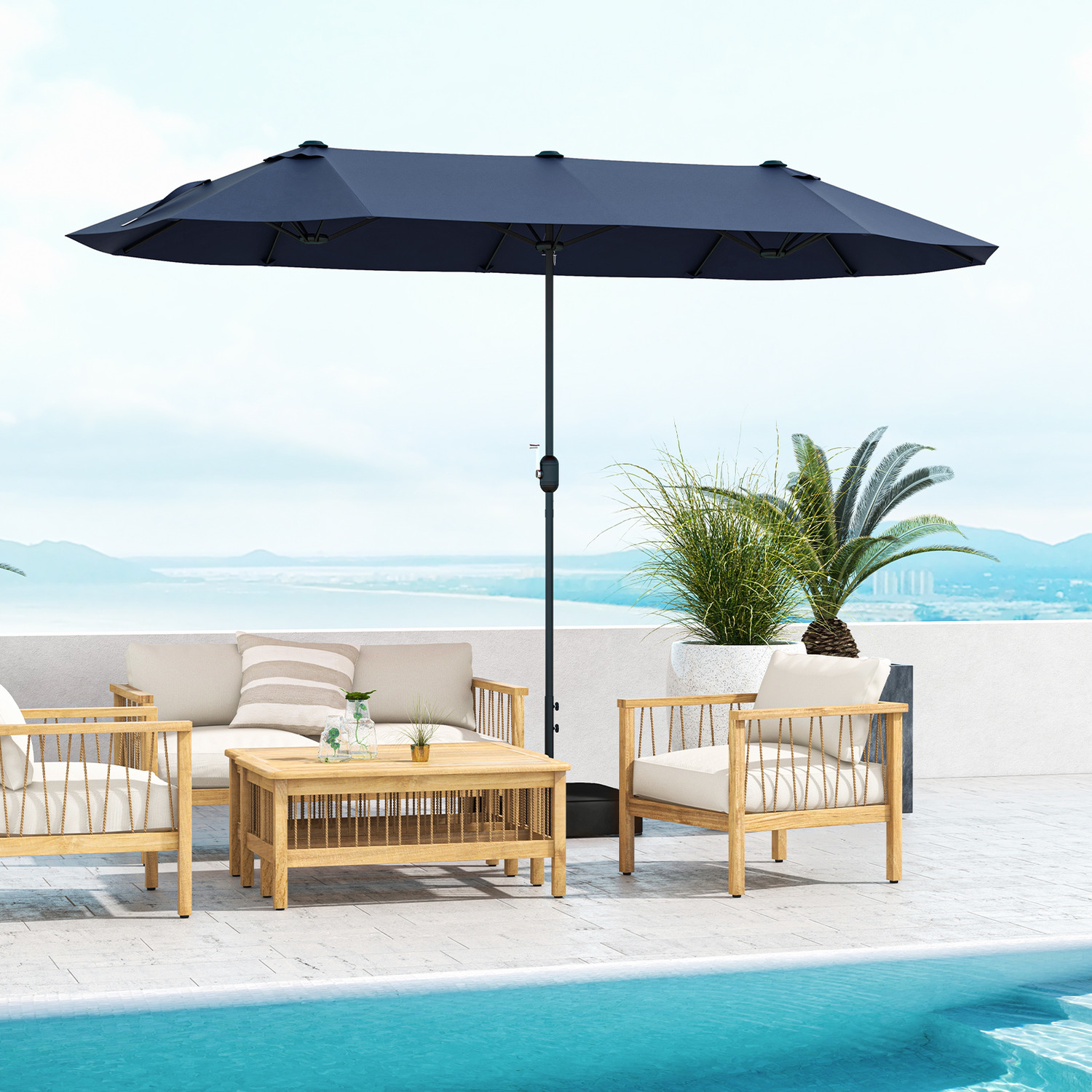 Double-sided Patio Parasol With Base - Blue