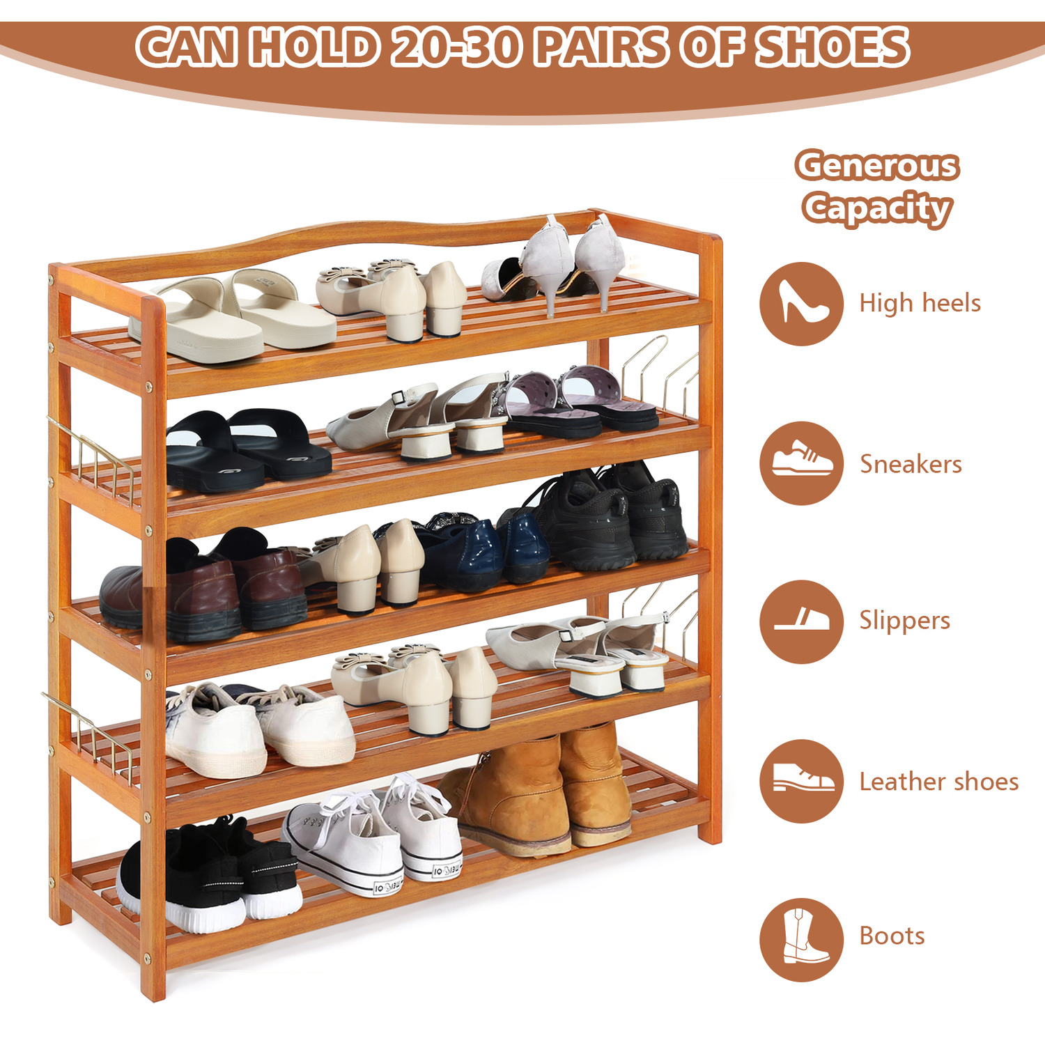 Shoe Shelf With Side Metal Hooks - Brown
