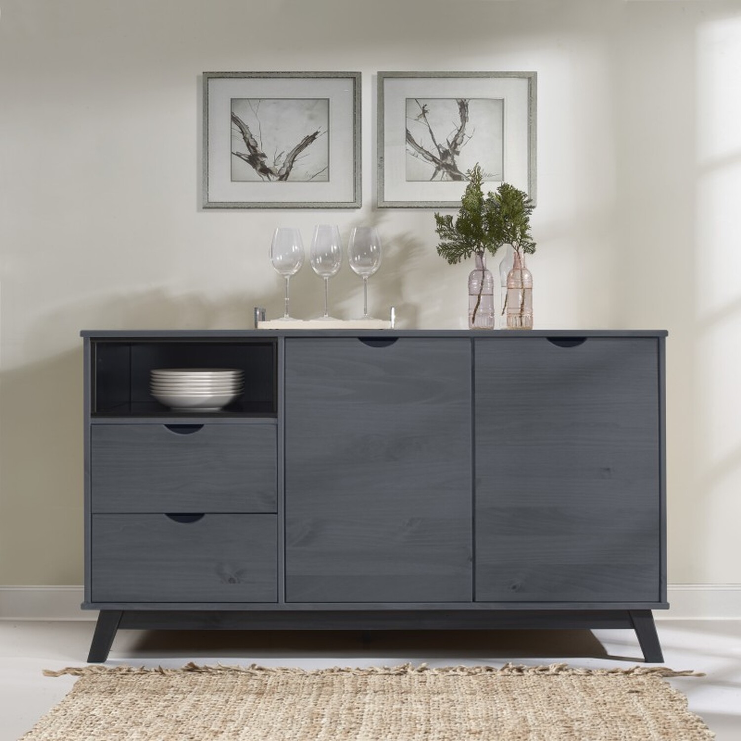 Scandian Sideboard Solid Wood Pine Wooden Hallway Cabinet Cupboard - Distressed Grey Wax