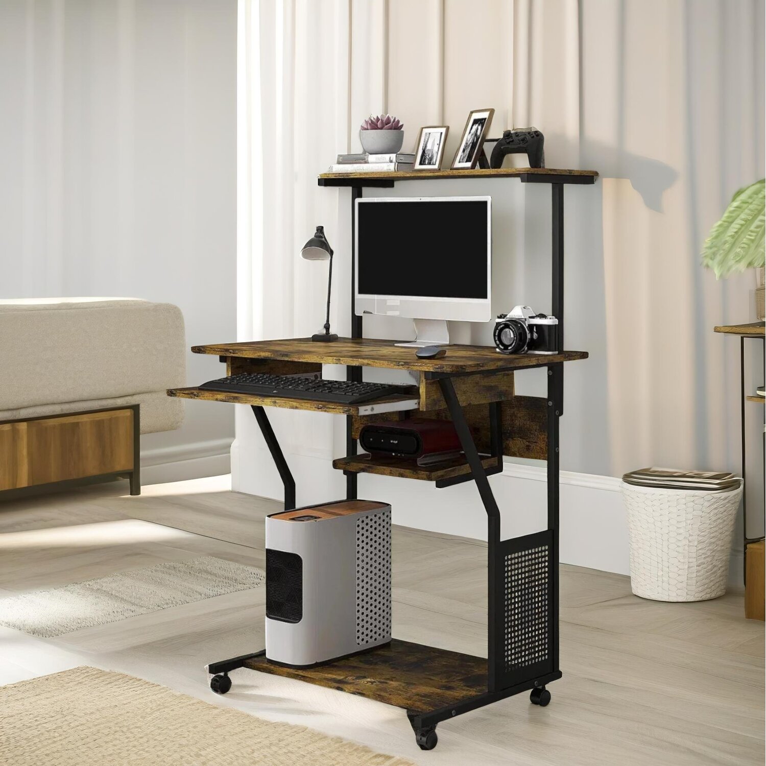 Industrial Rolling Computer Desk With Keyboard Tray And Shelves - Brown