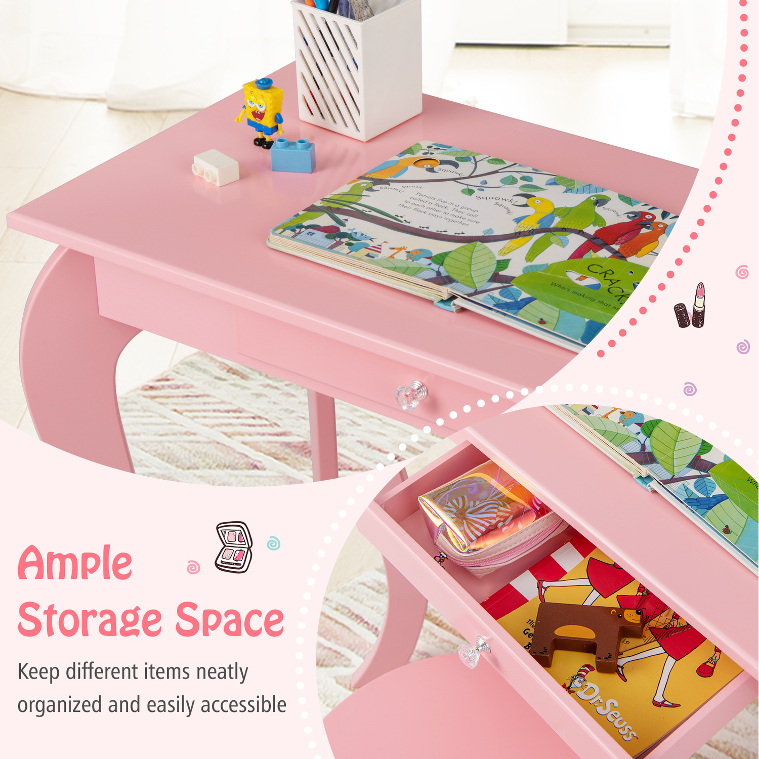 Kids Vanity Table And Stool 2 In 1 Girls Makeup Dressing Table - Pink
