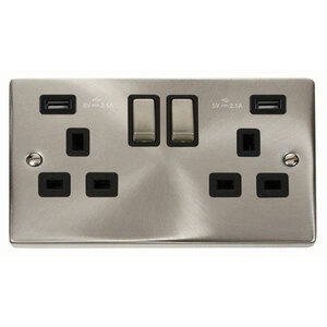 Satin  Brushed Chrome 2 Gang 13A DP Ingot 2 USB Twin Double Switched Plug Socket