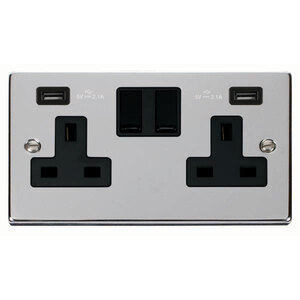 Polished Chrome 2 Gang 13A 2 USB Twin Double Switched Plug Socket
