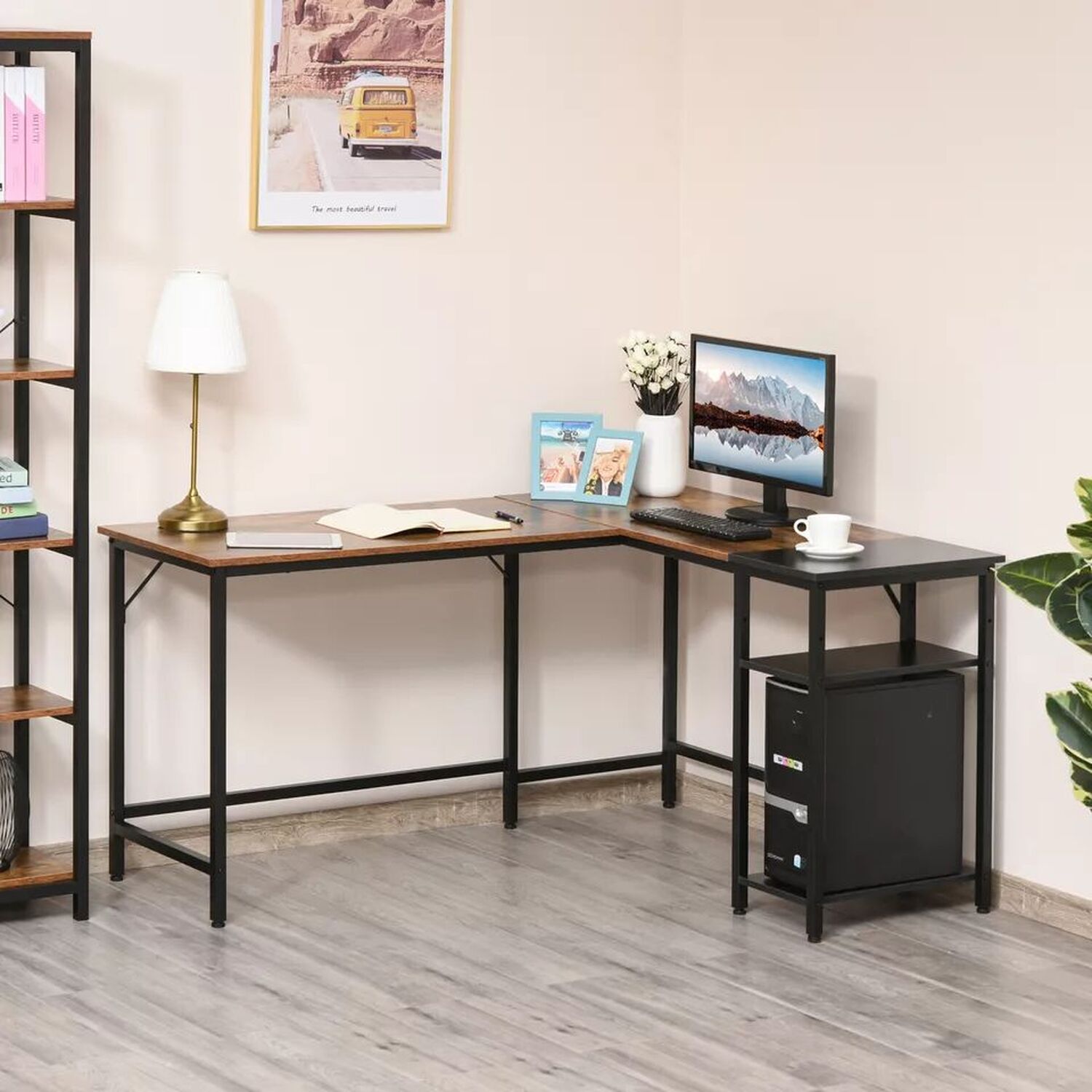L Shaped Computer Desk With Shelves - Brown And Black