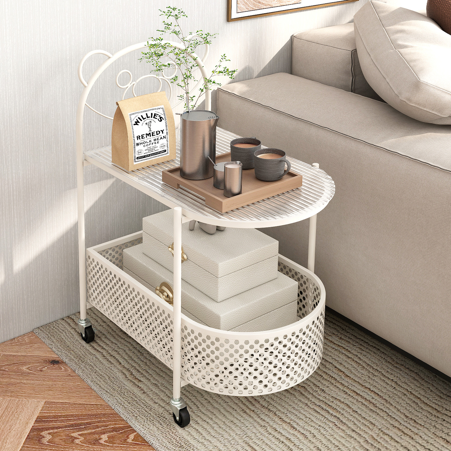 2-tier Mobile Glass Coffee Table - White