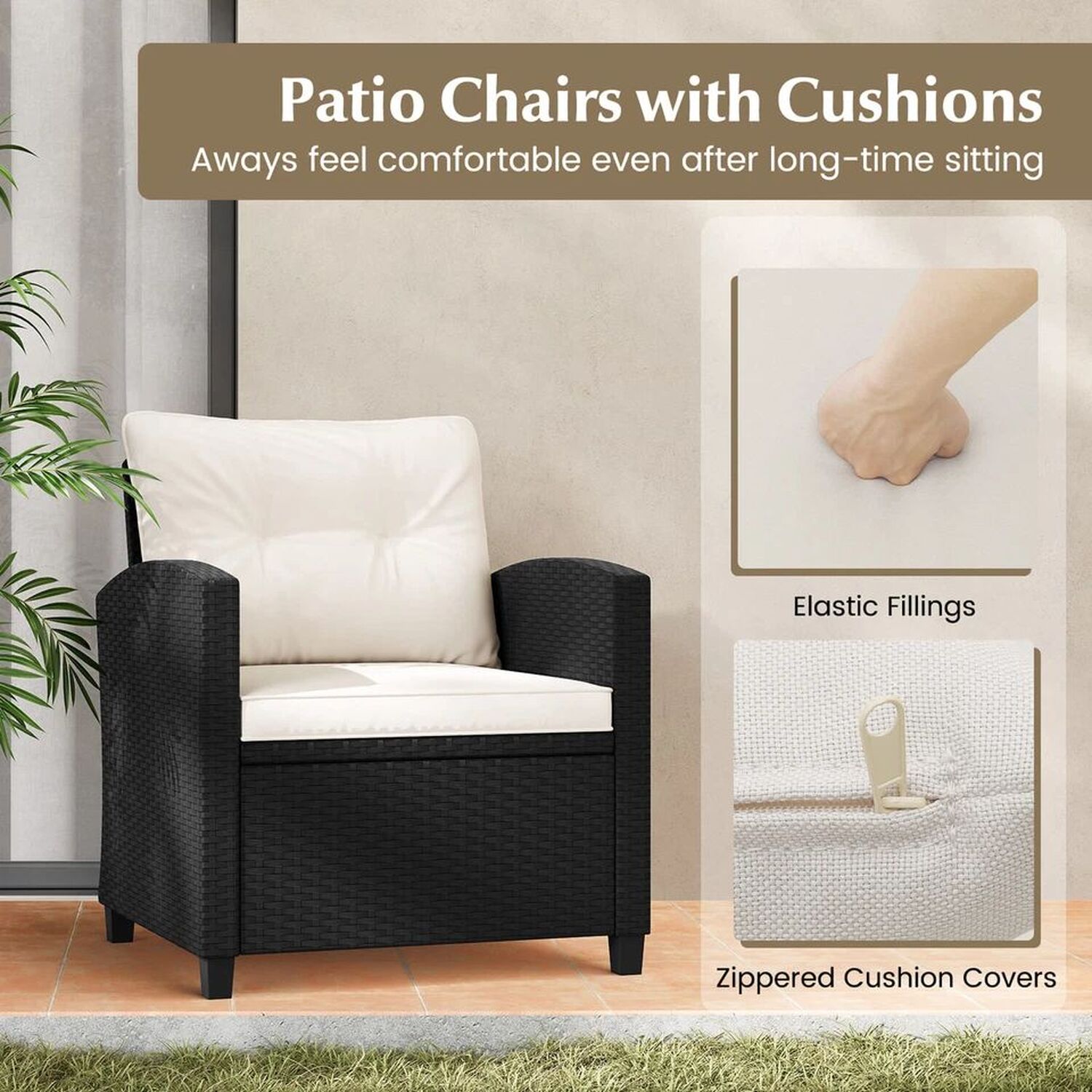 Patio Furniture Bistro Set Rattan With Cushions - Black