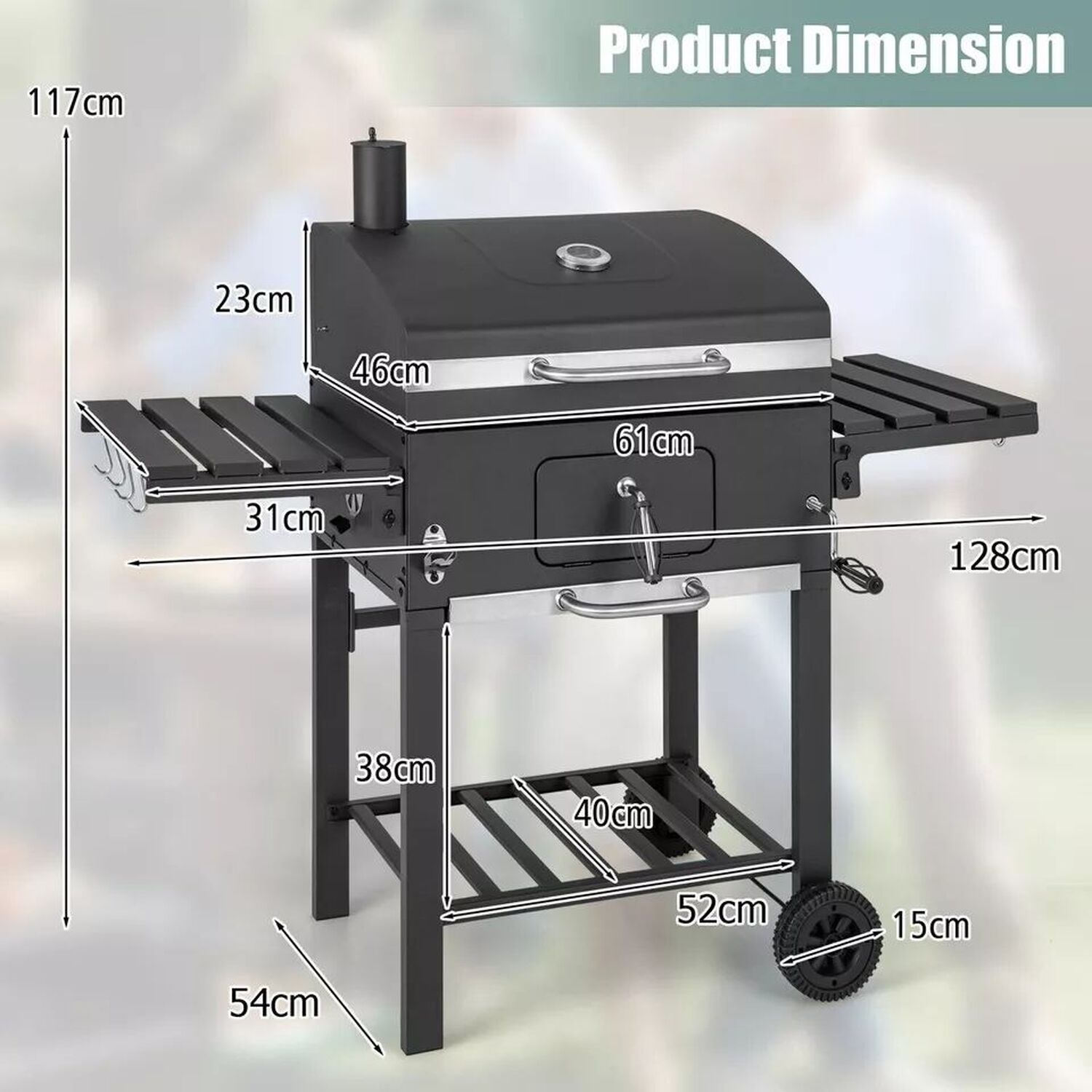Bbq Smoker With Wheels And 2 Foldable Side Shelves - Black