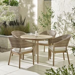 Tari Round Wood Table and 4 Asa Wicker Chairs Outdoor Dining Set